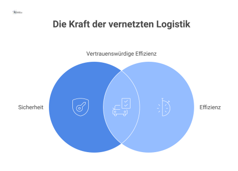  Infografik zur Zukunft der Logistik, die einen LKW an einem Werkstor zeigt. Ein zentrales Cloud-Netzwerk, das 'Trust Network', verbindet Fahrer, LKW und Werk. Leuchtende Linien stellen den Datenfluss