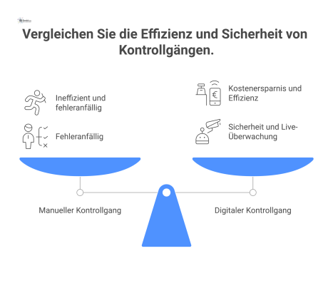 Infografik als Gegenüberstellung von manuellem und digitalem Kontrollgang. Links steht ein Wachmann mit Klemmbrett, was Ineffizienz und Fehleranfälligkeit symbolisiert. Rechts scannt ein Wachmann mit 
