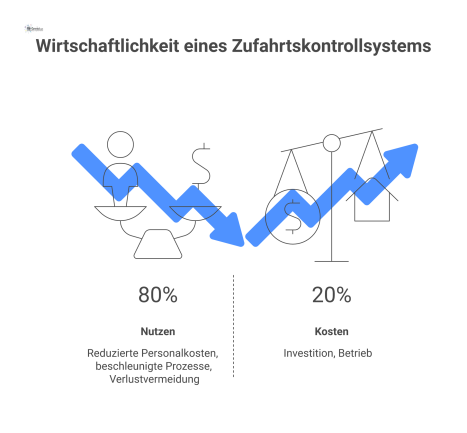 Infografik einer Waage, die die Wirtschaftlichkeit eines Zufahrtskontrollsystems darstellt. Die Waagschale des Nutzens, beschriftet mit reduzierten Personalkosten, beschleunigten Prozessen und Verlust