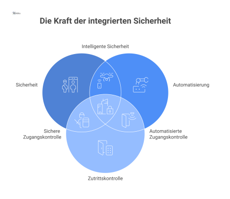  Infografik über ein integriertes Sicherheitssystem, bei dem ein zentraler Hub Sicherheit, Automatisierung und Zutrittskontrolle verbindet. Dies führt zu Ergebnissen wie reduzierten Kosten, höherer Ef
