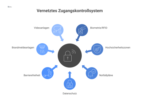 Infografik eines vernetzten Gebäude-Zugangskontrollsystems. In der Mitte befindet sich die zentrale Steuerung, welche durch Linien mit Symbolen für Biometrie/RFID, Hochsicherheitszonen, Notfallpläne, 