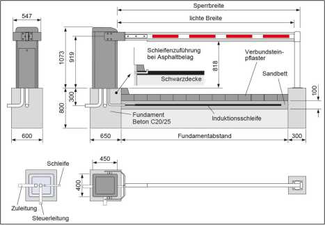Torschranke mit maßlicher Darstellung zur Zugangssicherung von Fahrzeugen